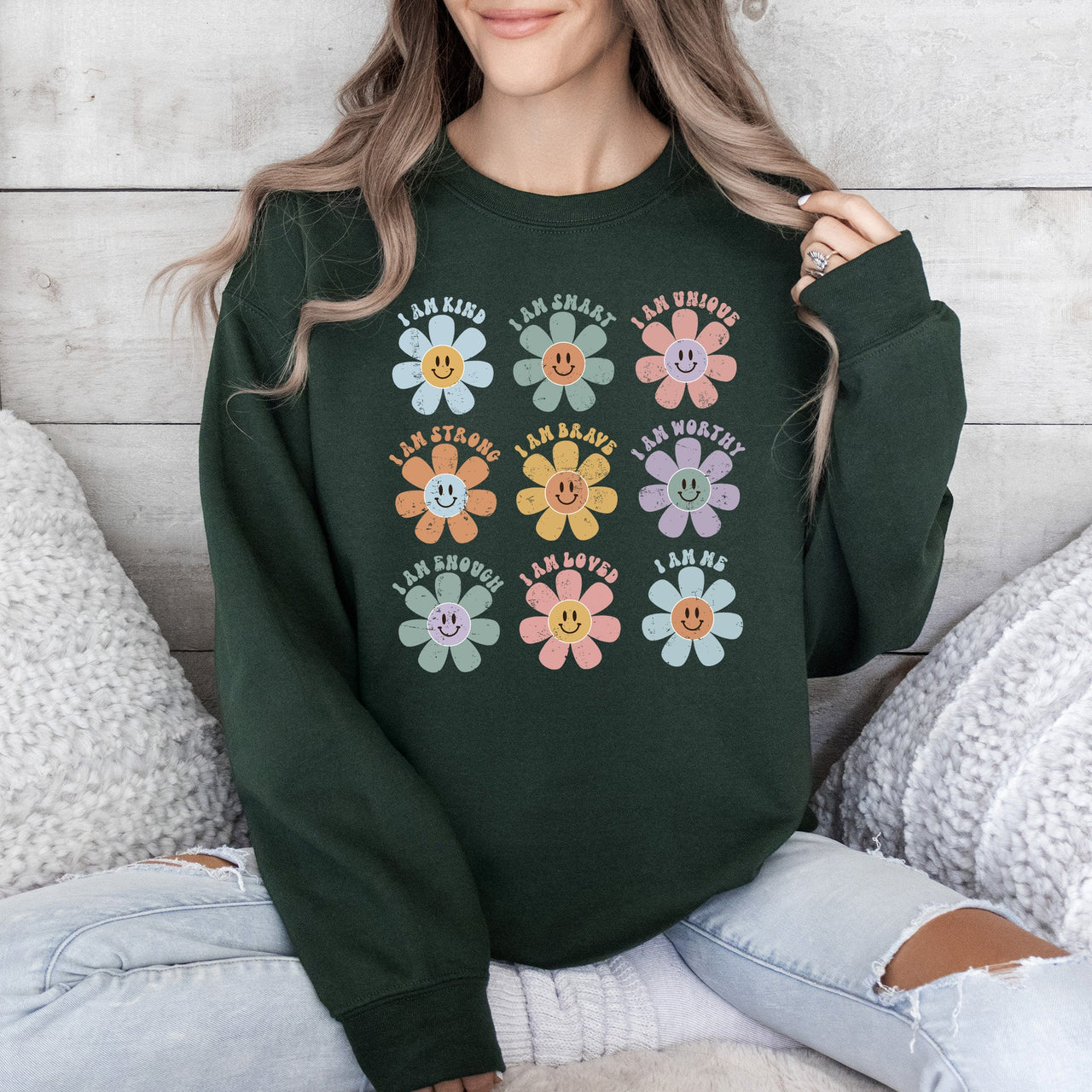 Positive Affirmations Daisy Retro Vintage Daisy Graphic Cozy Inside Everyday Positivity Sweatshirt
