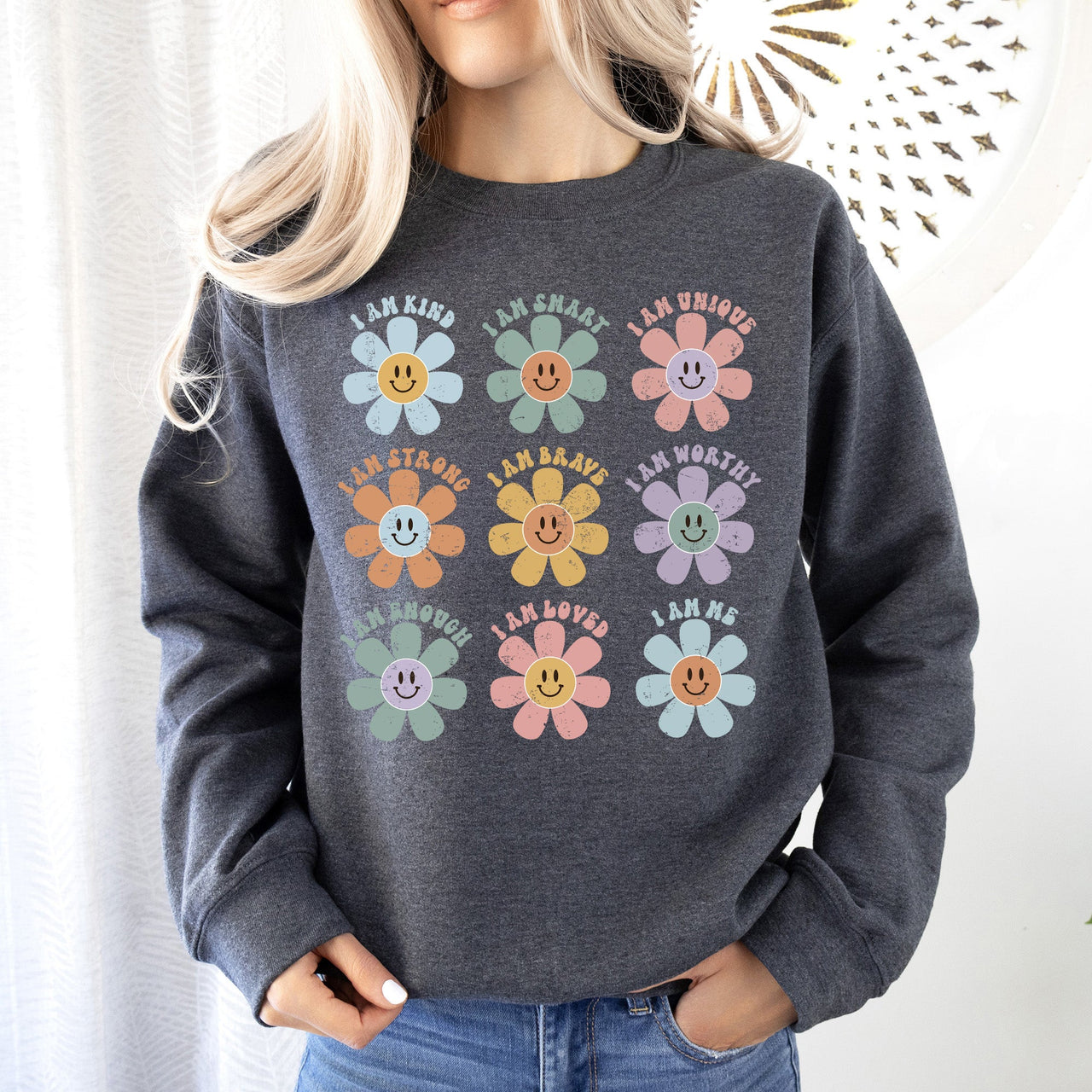 Positive Affirmations Daisy Retro Vintage Daisy Graphic Cozy Inside Everyday Positivity Sweatshirt