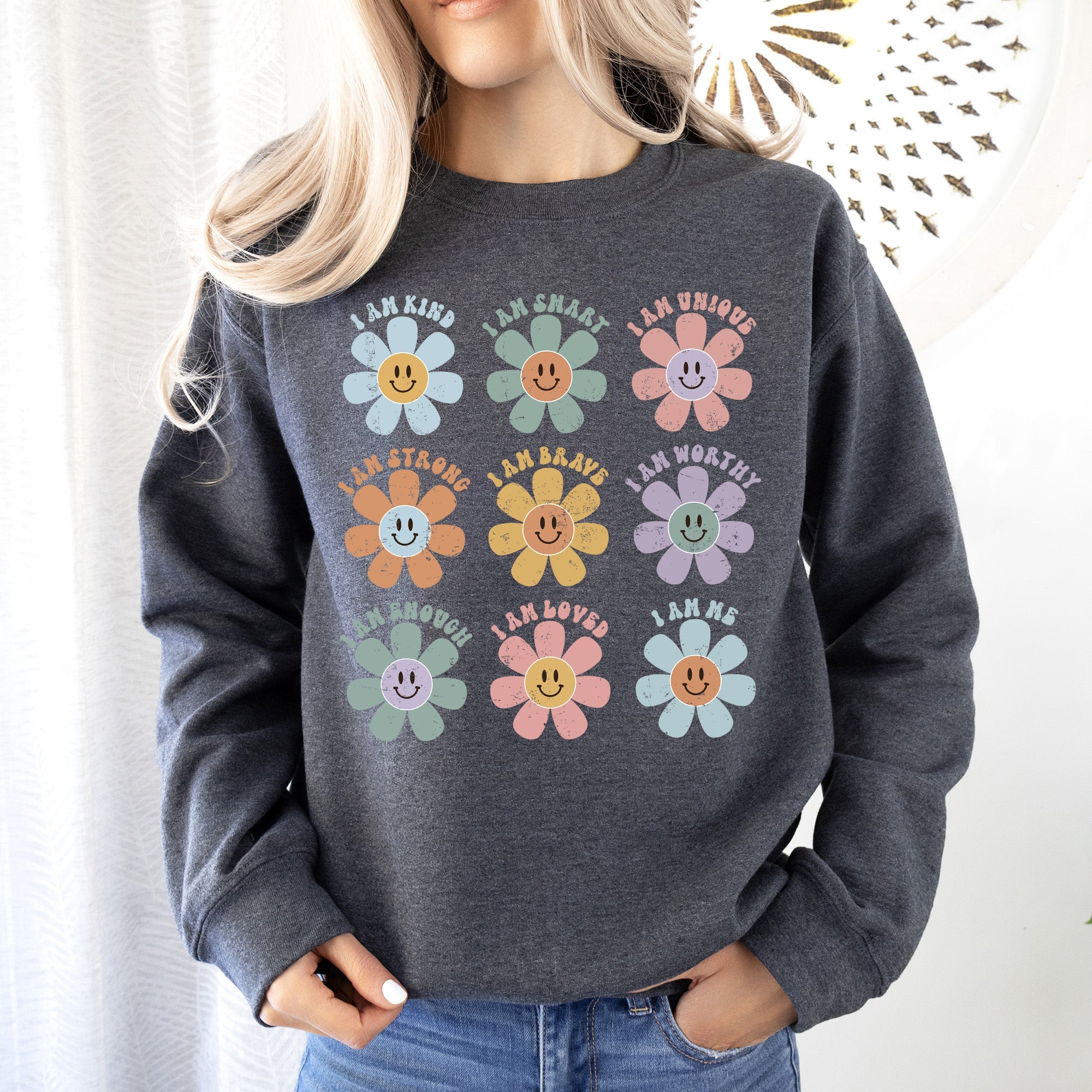 Positive Affirmations Daisy Retro Vintage Daisy Graphic Cozy Inside Everyday Positivity Sweatshirt