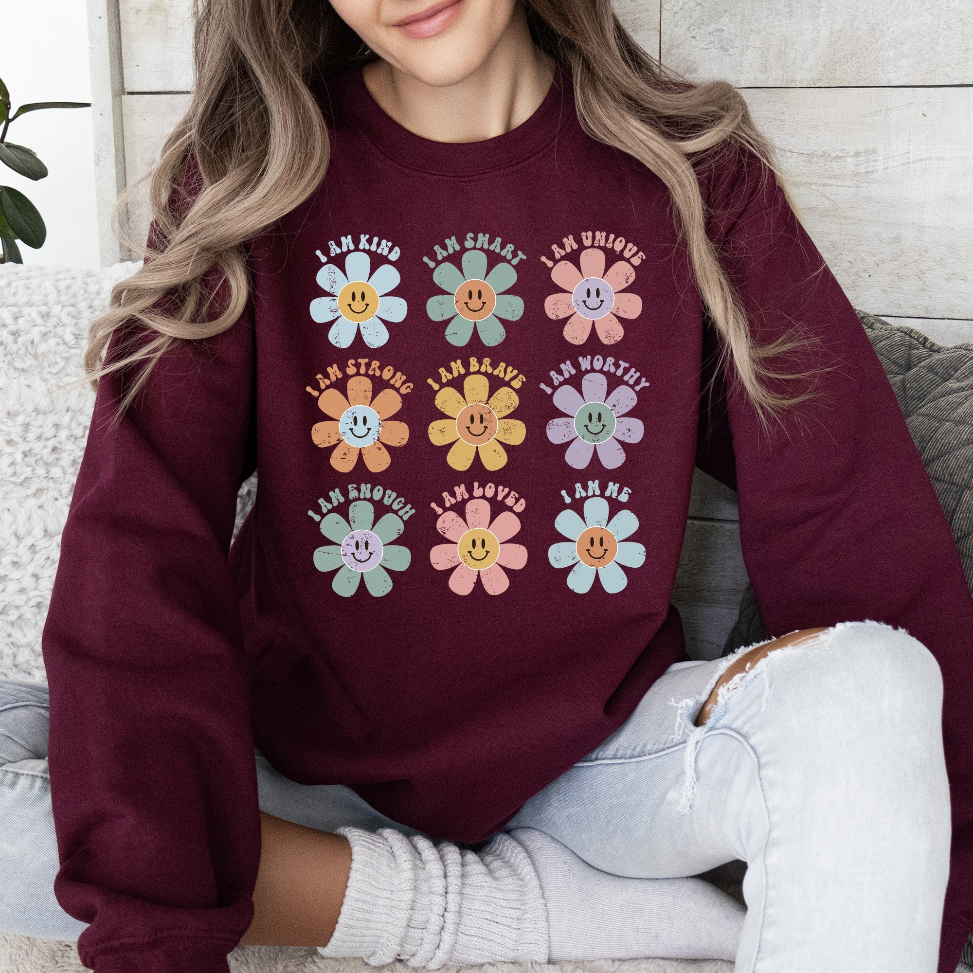 Positive Affirmations Daisy Retro Vintage Daisy Graphic Cozy Inside Everyday Positivity Sweatshirt
