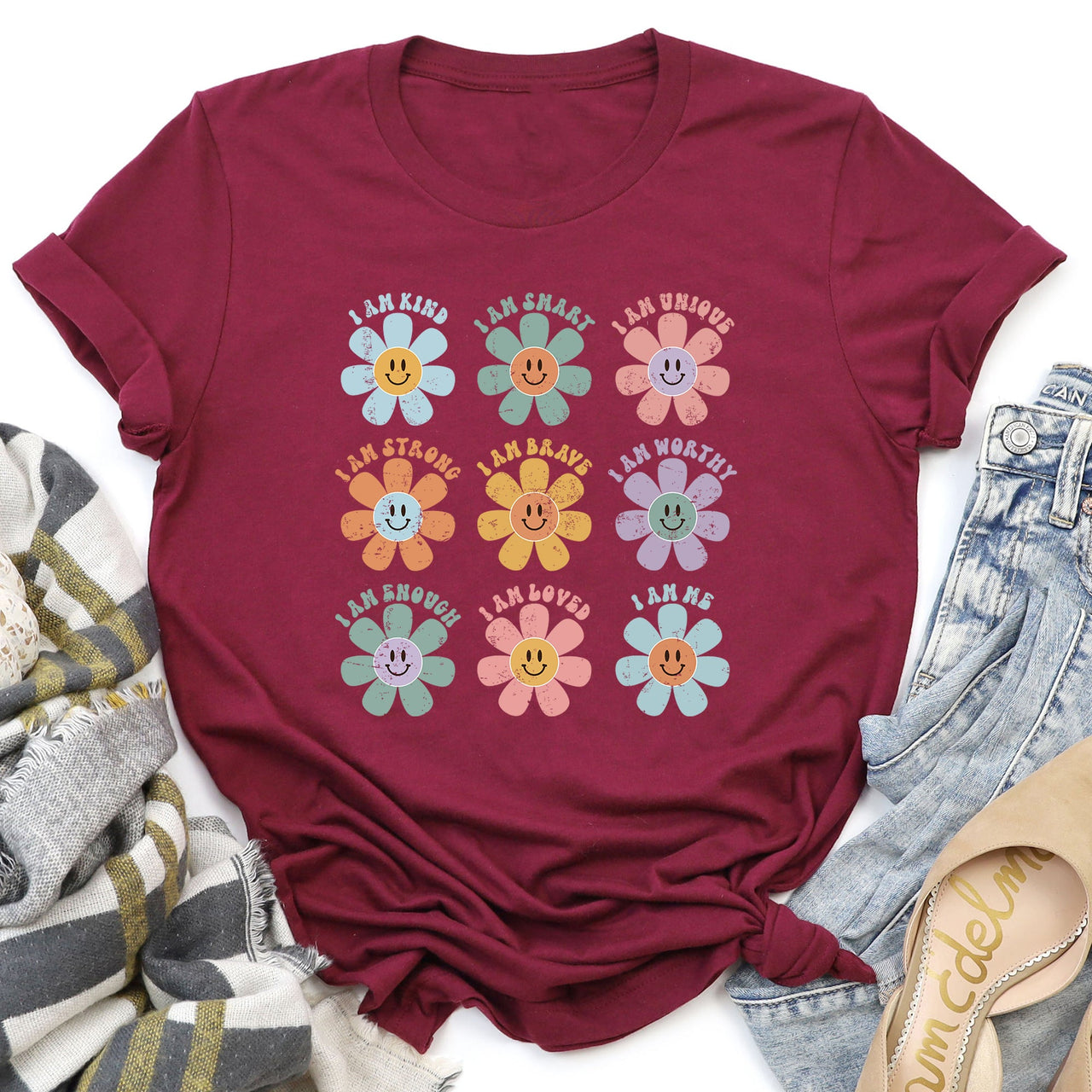 Positive Affirmations, Daisy, Retro Floral Quote Artwork Encouraging Confidence And Everyday Joy Graphic Tee