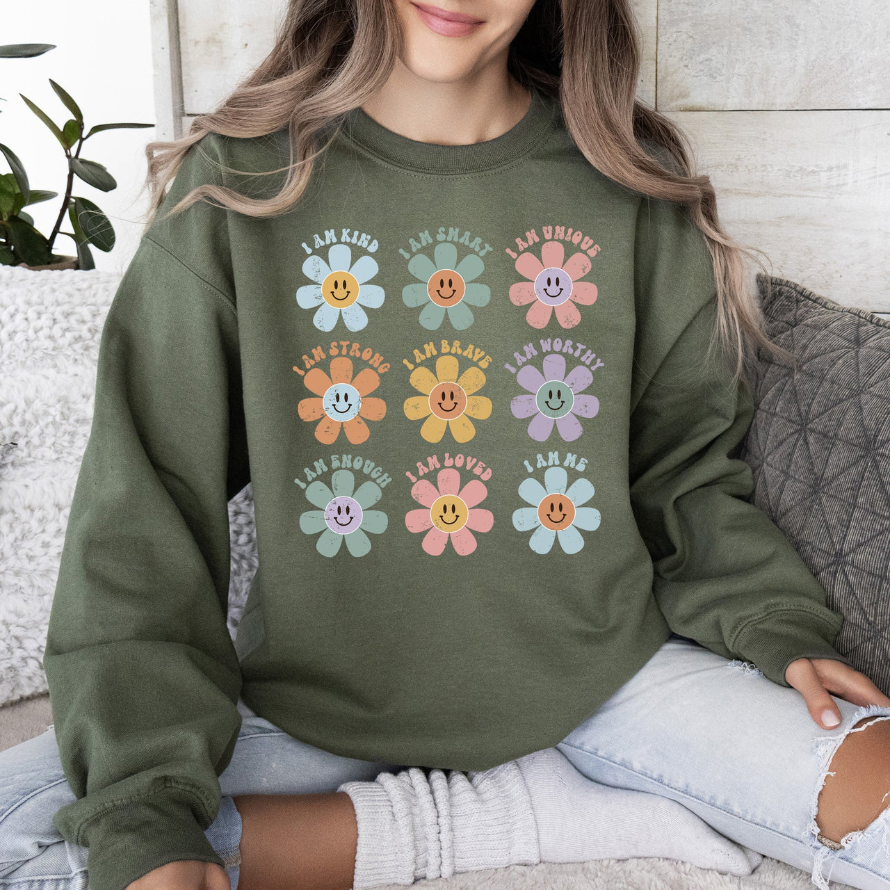 Positive Affirmations Daisy Retro Vintage Daisy Graphic Cozy Inside Everyday Positivity Sweatshirt