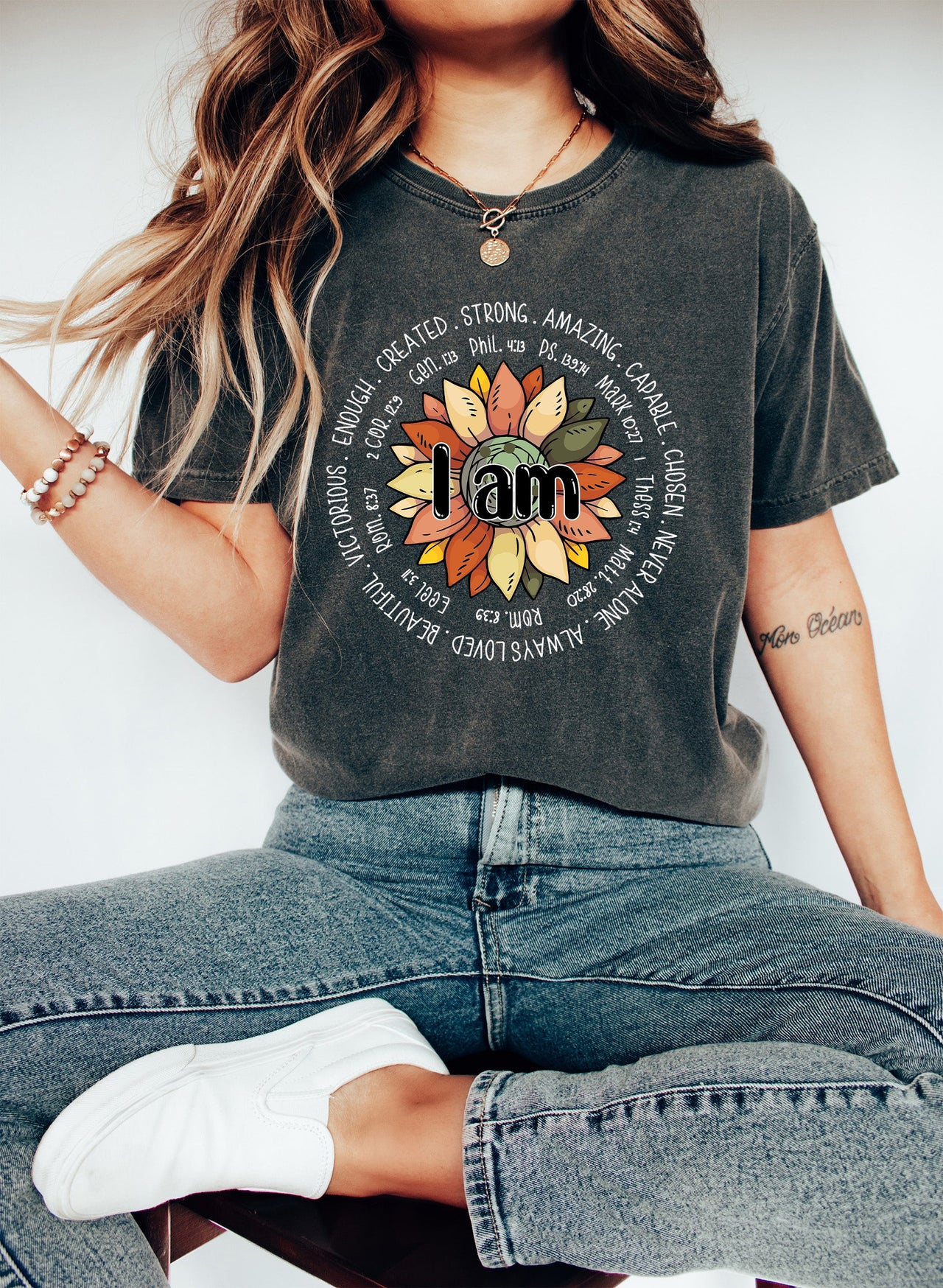 I Am Strong Biblical Floral Inspirational Scripture Floral Design Comfort Colors Tee