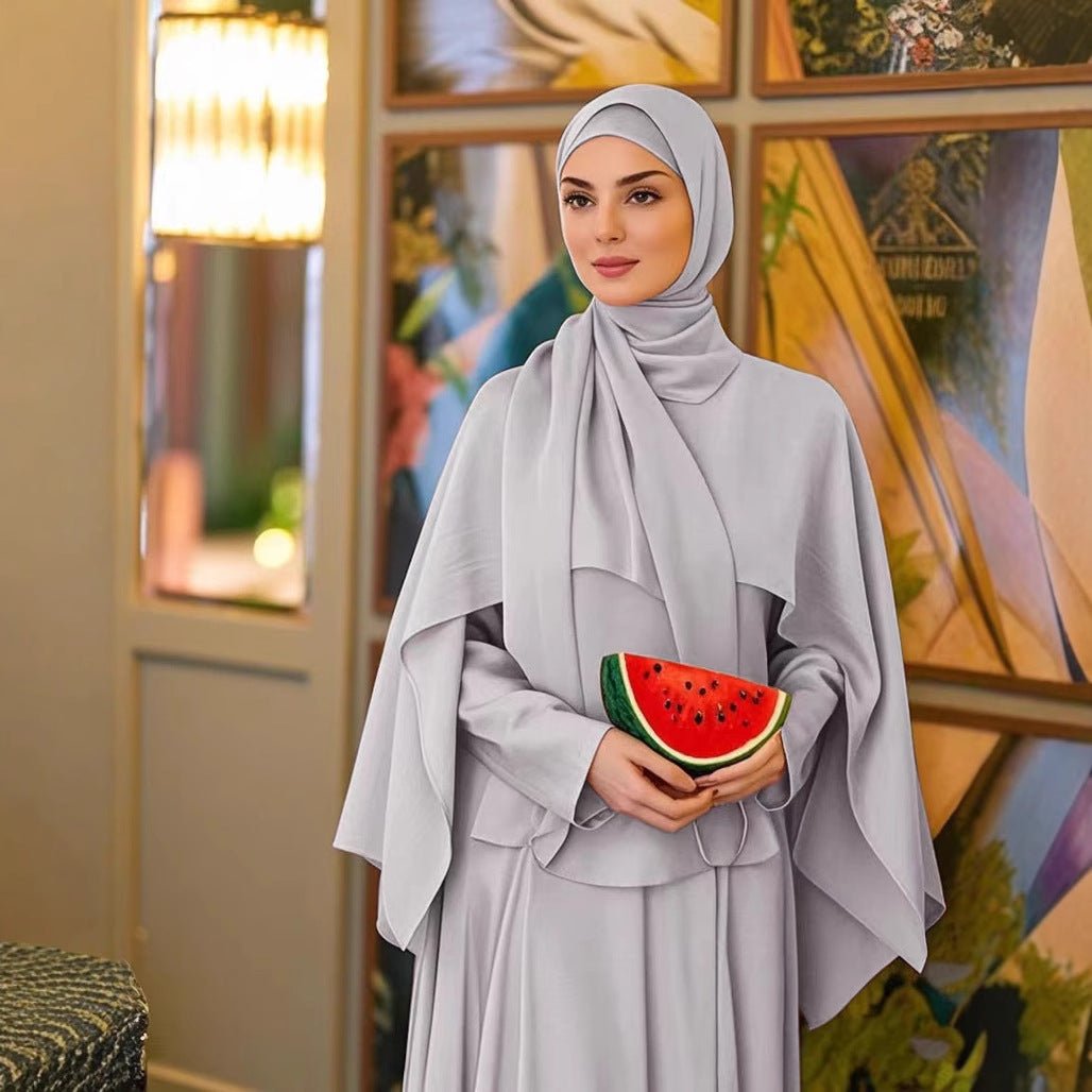 Ice Silk Crinkle Cape Set | 3-Piece Solid Color Abaya with Inner Dress & Belt(MA304)