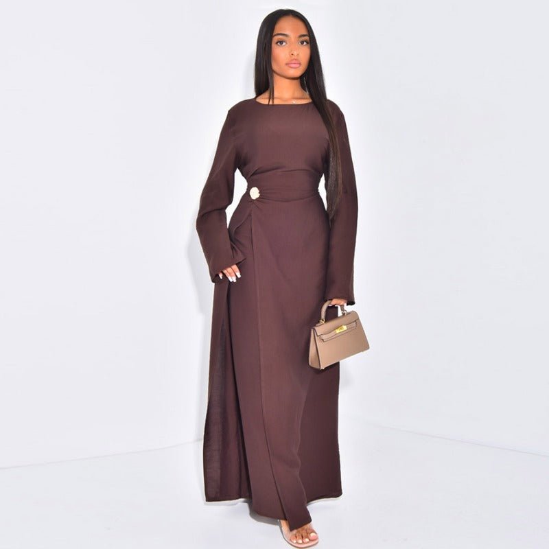 Ice Silk Crinkle Round Neck A-Line Work Dress with Decorative Button & Built-in Belt(MA308)