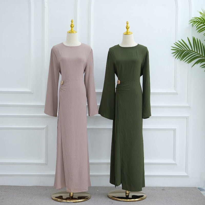 Ice Silk Crinkle Round Neck A-Line Work Dress with Decorative Button & Built-in Belt(MA308)