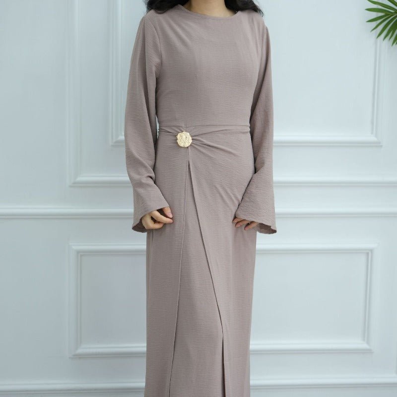 Ice Silk Crinkle Round Neck A-Line Work Dress with Decorative Button & Built-in Belt(MA308)