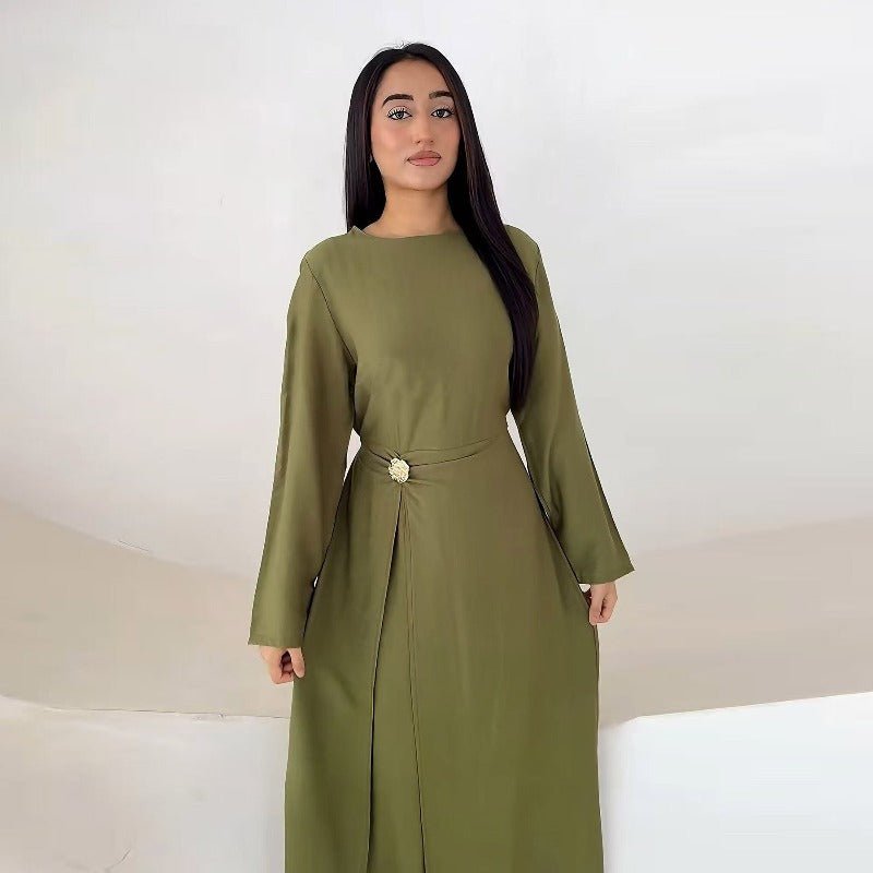 Ice Silk Crinkle Round Neck A-Line Work Dress with Decorative Button & Built-in Belt(MA308)
