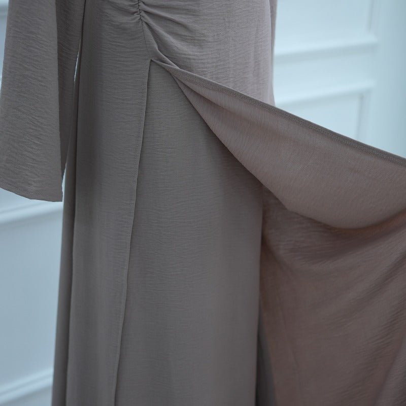Ice Silk Crinkle Round Neck A-Line Work Dress with Decorative Button & Built-in Belt(MA308)