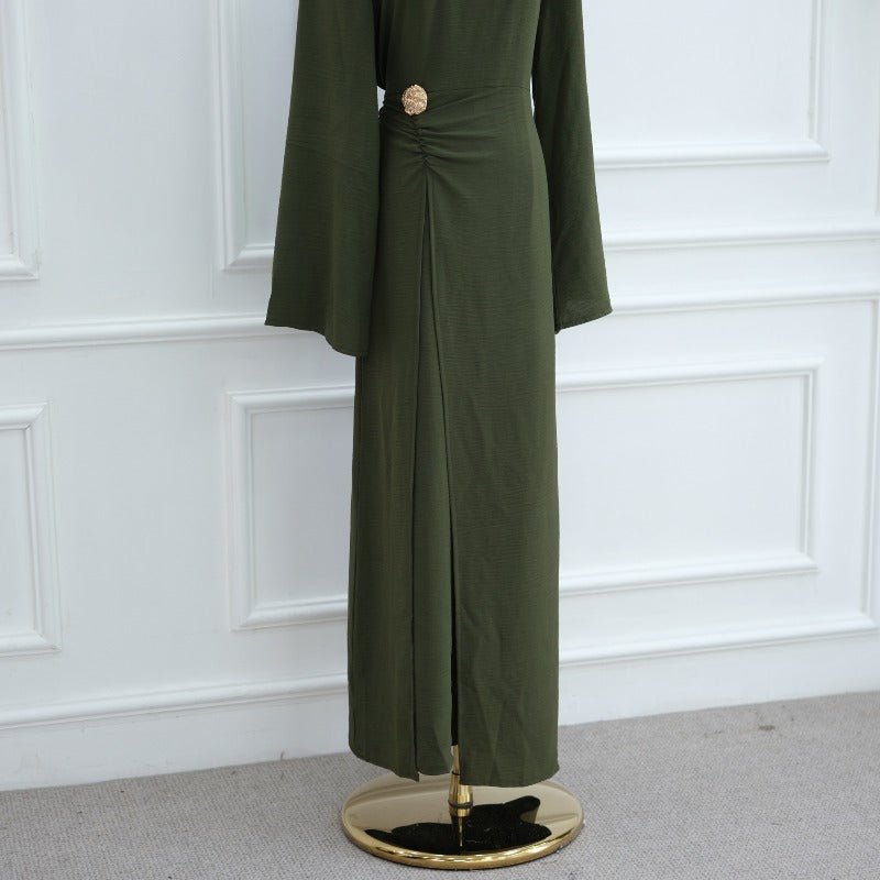 Ice Silk Crinkle Round Neck A-Line Work Dress with Decorative Button & Built-in Belt(MA308)