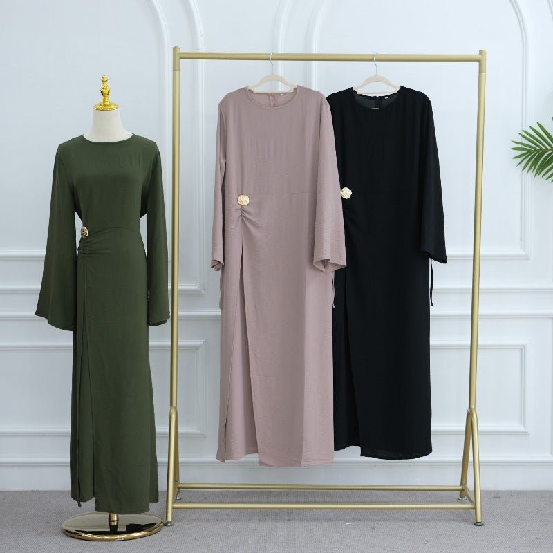 Ice Silk Crinkle Round Neck A-Line Work Dress with Decorative Button & Built-in Belt(MA308)