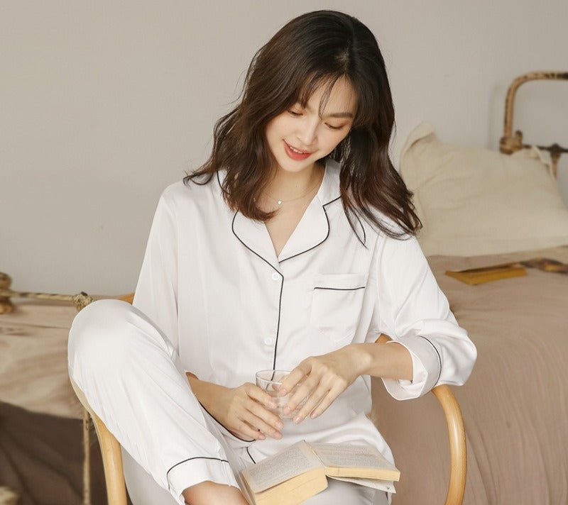 Ice Silk Women's Long Sleeve Pajama Soft & Comfortable Two-Piece Set(MS084)