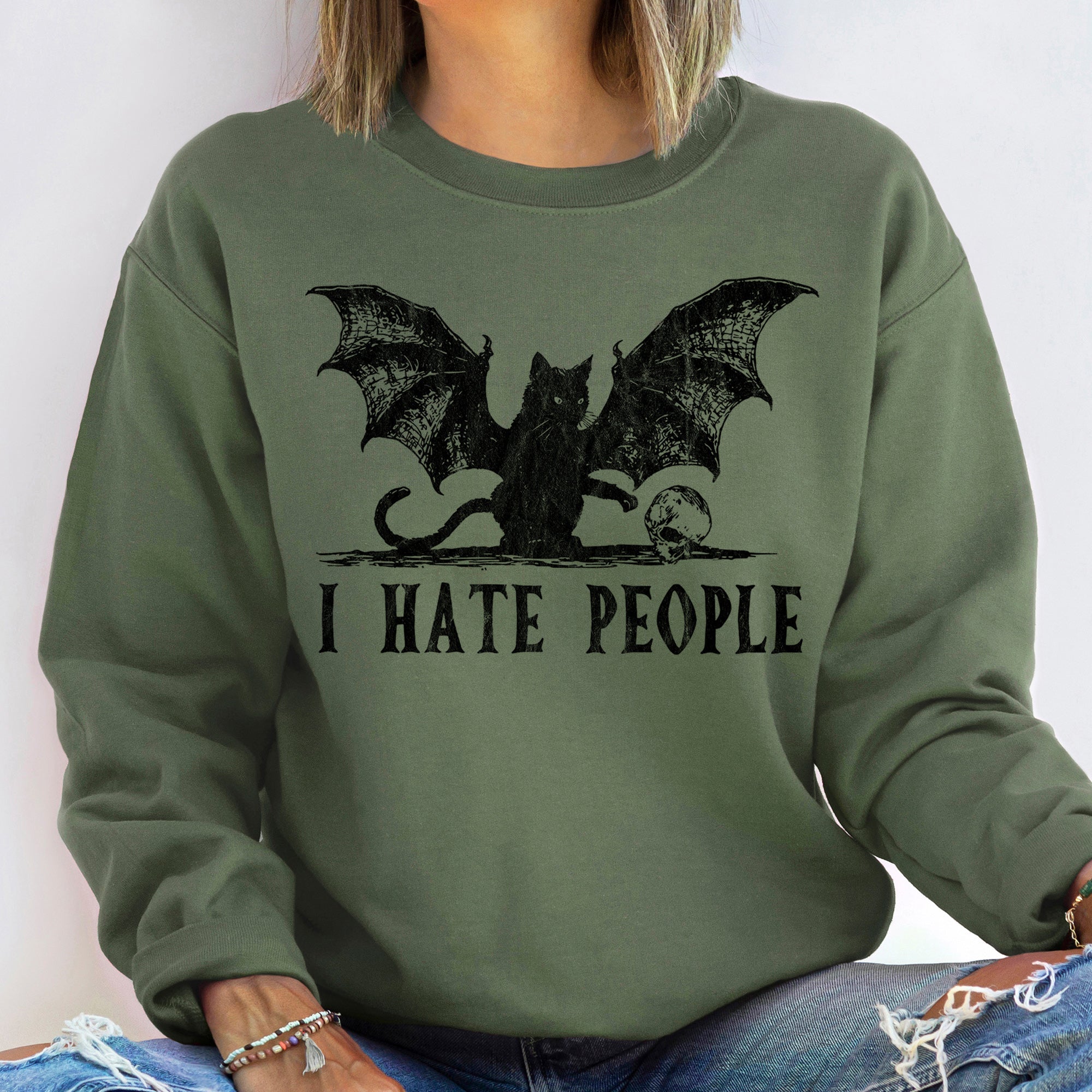 I Hate People Halloween Edition Distressed Saying For The Night Owls And Reclusive Spirits Sweatshirt