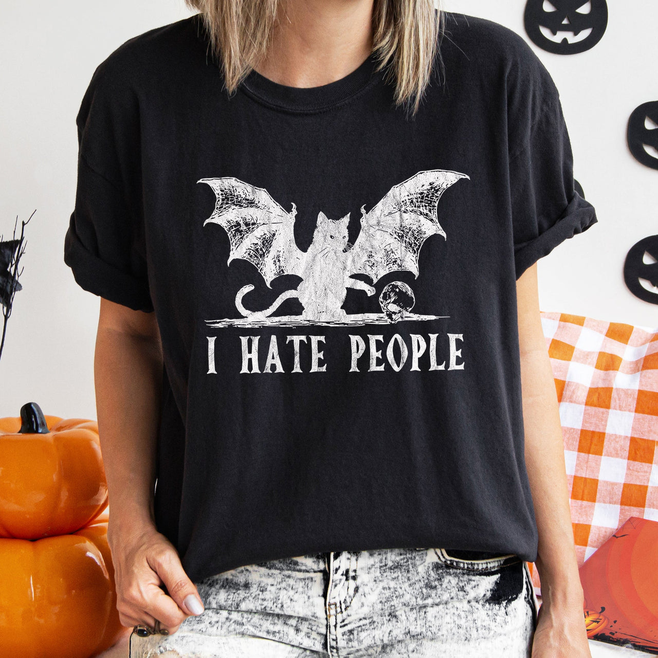I Hate People Cat Bat Retro Halloween Graphic Design Limited Edition Comfort Colors Tee