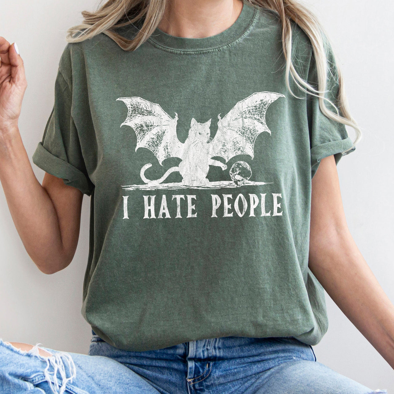 I Hate People Cat Bat Retro Halloween Graphic Design Limited Edition Comfort Colors Tee
