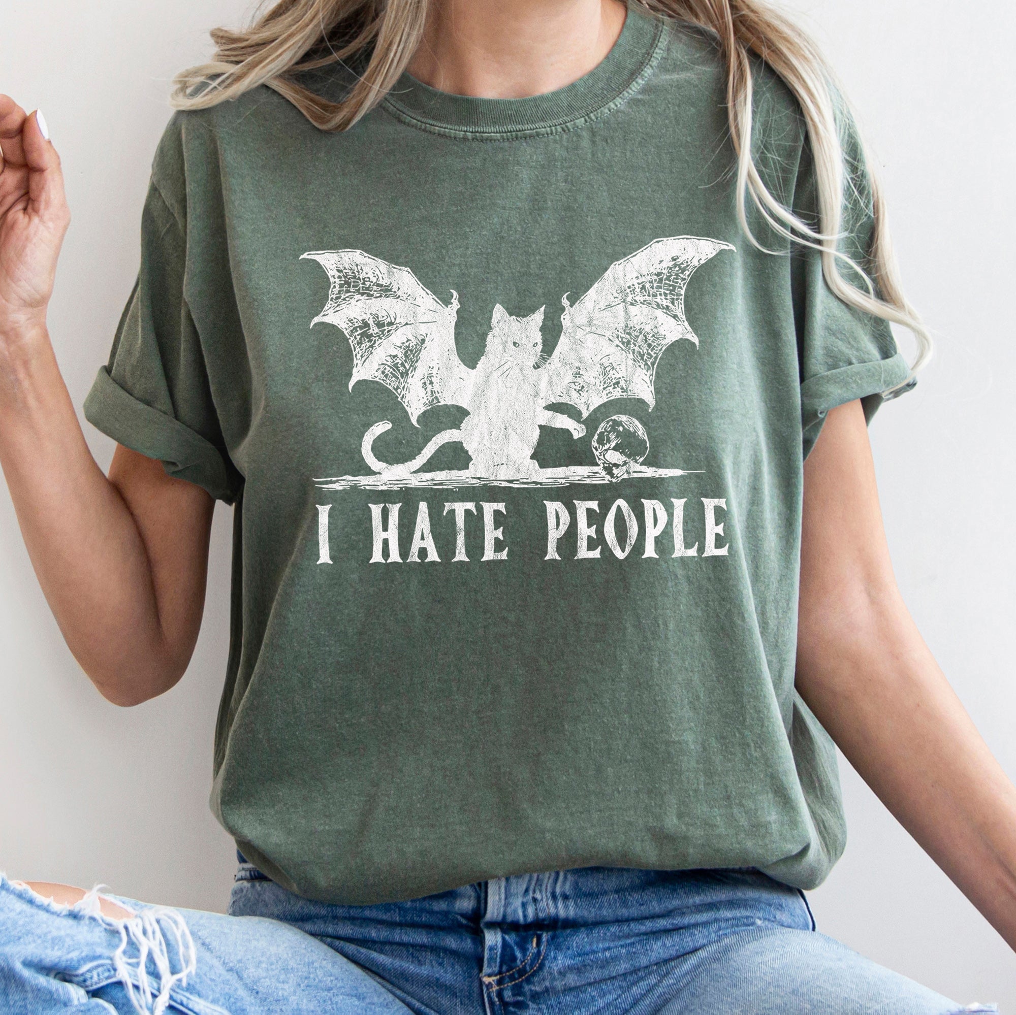 I Hate People Cat Bat Retro Halloween Graphic Design Limited Edition Comfort Colors Tee