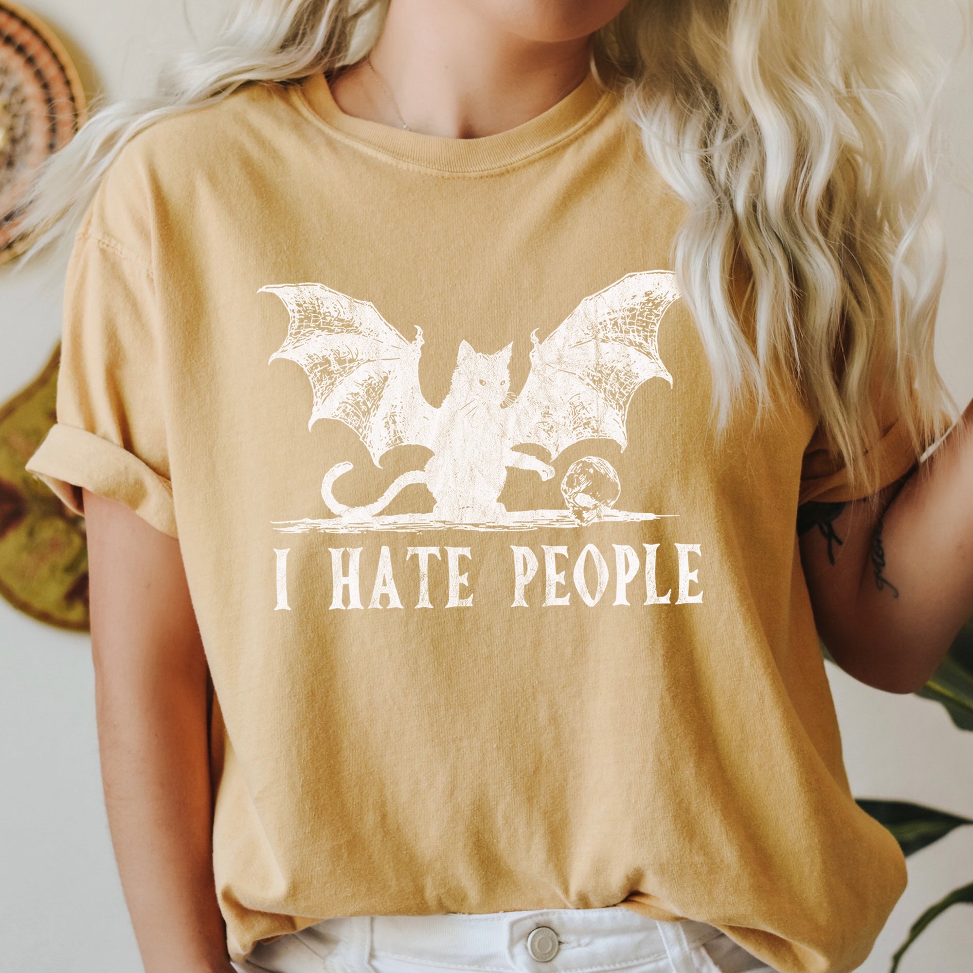 I Hate People Cat Bat Retro Halloween Graphic Design Limited Edition Comfort Colors Tee