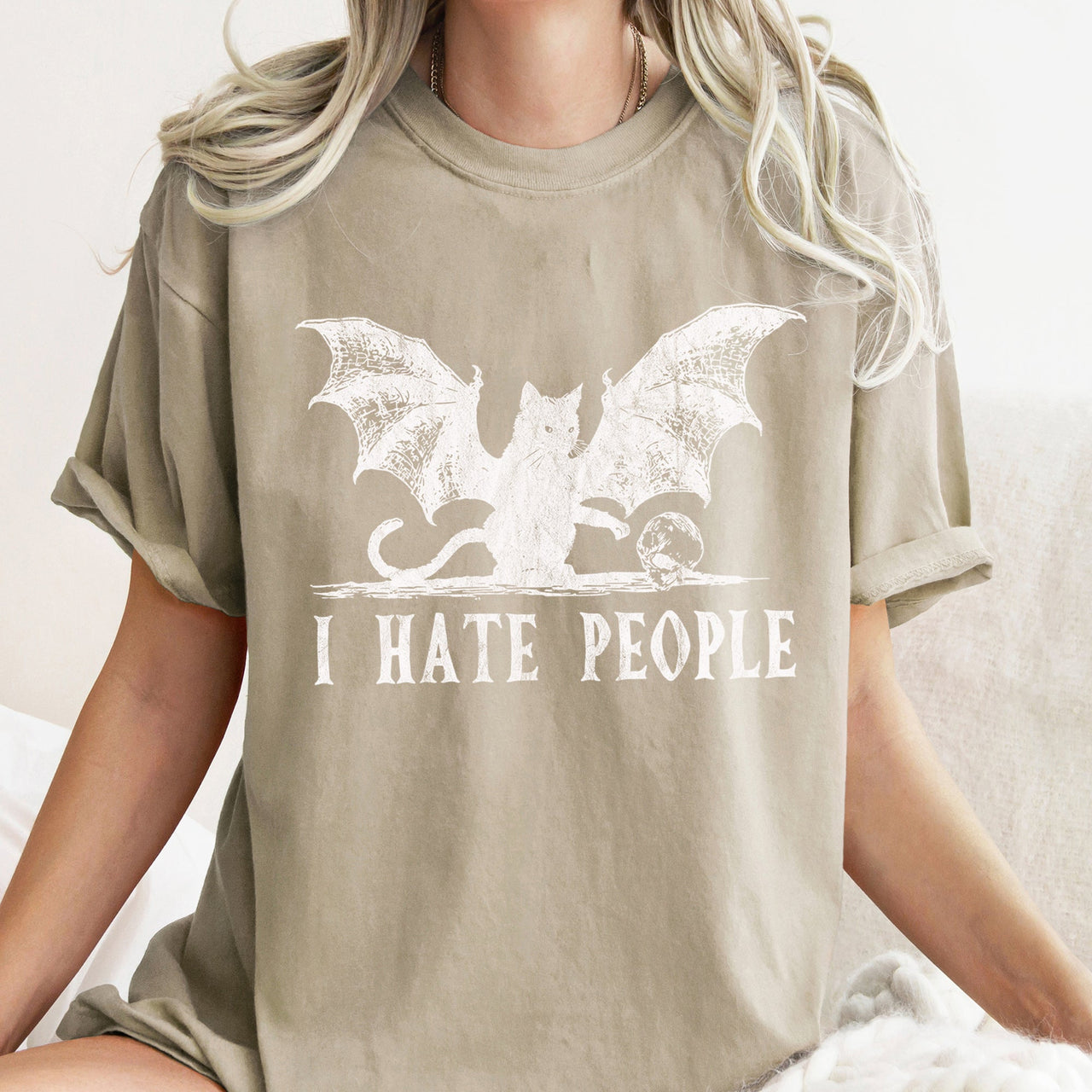 I Hate People Cat Bat Retro Halloween Graphic Design Limited Edition Comfort Colors Tee