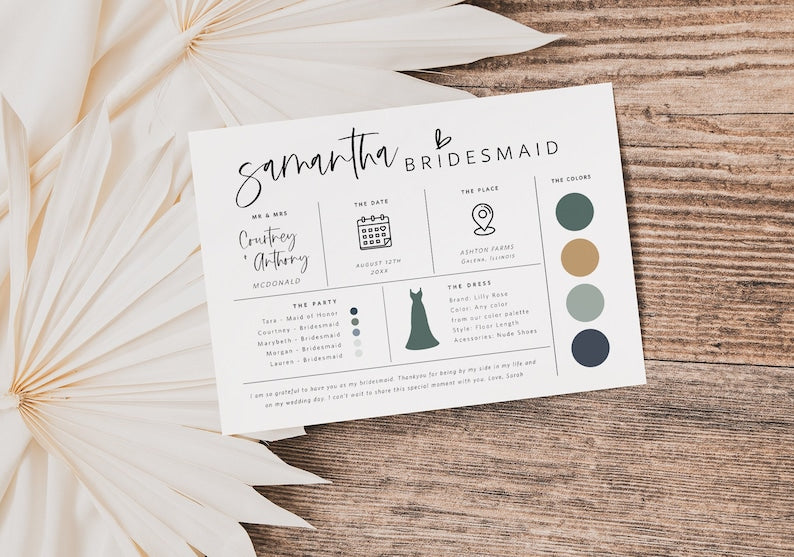Editable Bridesmaid Information Card, Bridal Party Information Template, Bridal Proposal Card, Infographic, Edit with TEMPLETT, WLP-SIL 5252