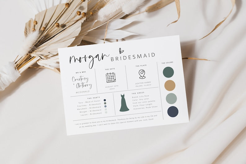 Editable Bridesmaid Information Card, Bridal Party Information Template, Bridal Proposal Card, Infographic, Edit with TEMPLETT, WLP-SIL 5252