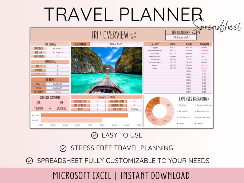 Travel Planner Digital Travel Planner for Travel Itinerary Digital Holiday Planner Holiday Itinerary Travel Organizer Travel Budget Excel