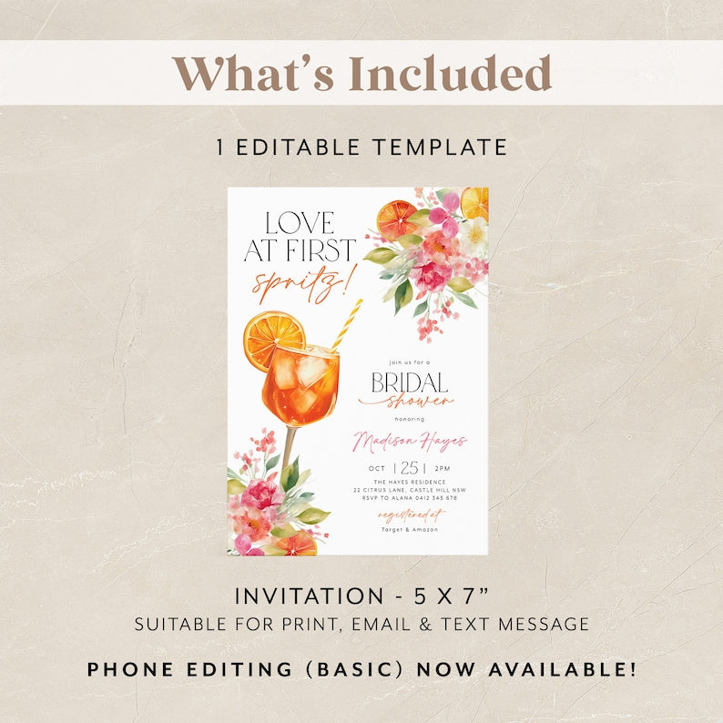 Love at First Spritz Bridal Shower Invitation, Aperol Spritz Bridal Shower Invite, Citrus Bridal Brunch, Orange Bridal Shower Bright Florals