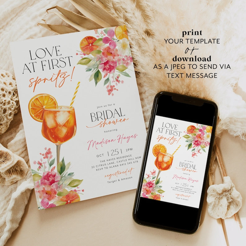 Love at First Spritz Bridal Shower Invitation, Aperol Spritz Bridal Shower Invite, Citrus Bridal Brunch, Orange Bridal Shower Bright Florals