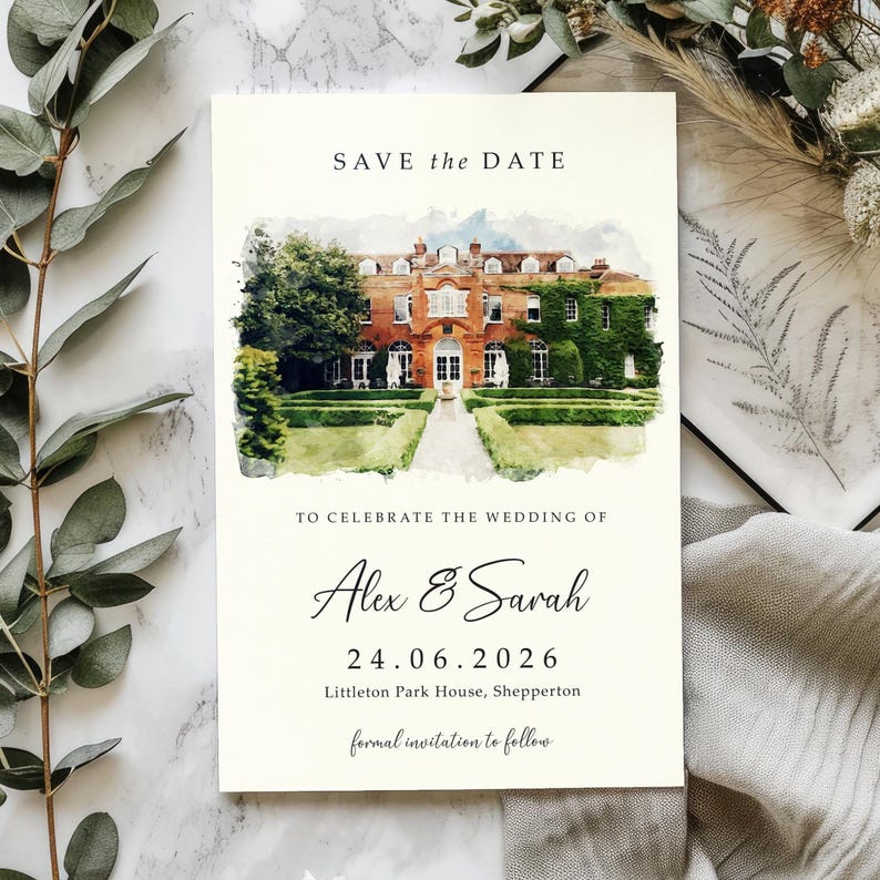 DIGITAL Venue Save the Date Card, E-Invite Watercolour Wedding Save the Dates, Sketch Illustration Painting Drawing