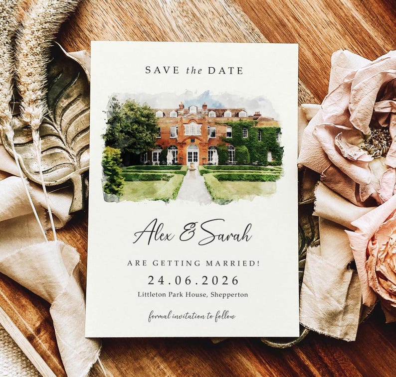 DIGITAL Venue Save the Date Card, E-Invite Watercolour Wedding Save the Dates, Sketch Illustration Painting Drawing