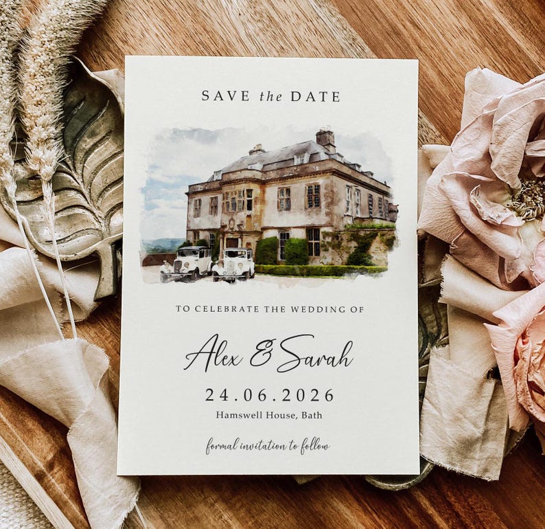 DIGITAL Venue Save the Date Card, E-Invite Watercolour Wedding Save the Dates, Sketch Illustration Painting Drawing