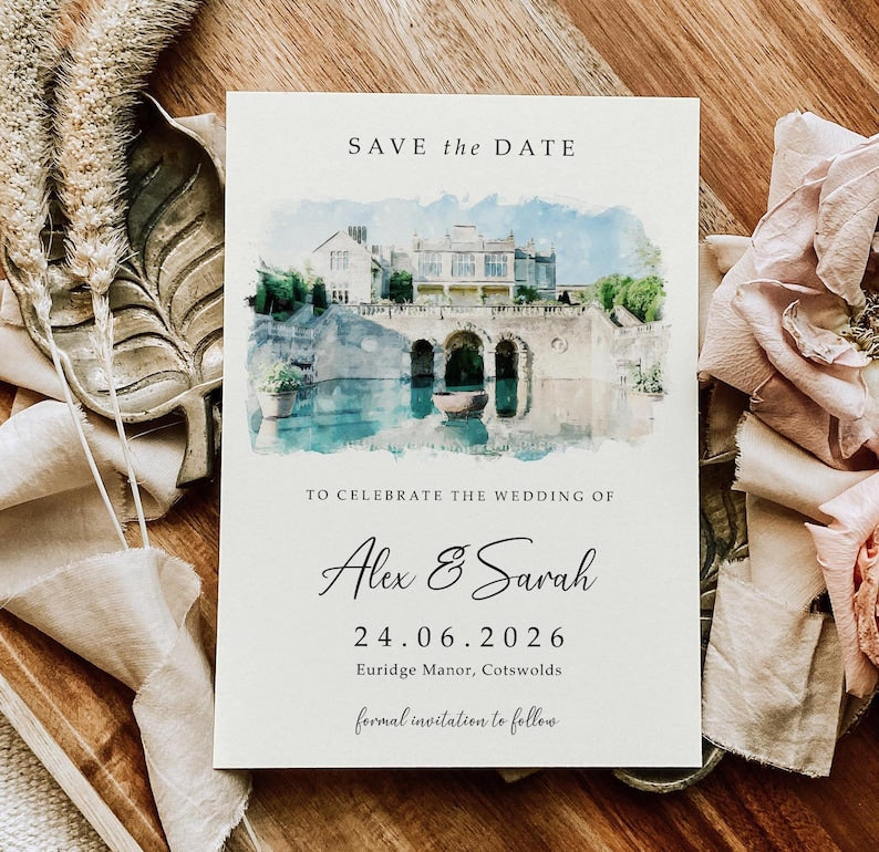 DIGITAL Venue Save the Date Card, E-Invite Watercolour Wedding Save the Dates, Sketch Illustration Painting Drawing