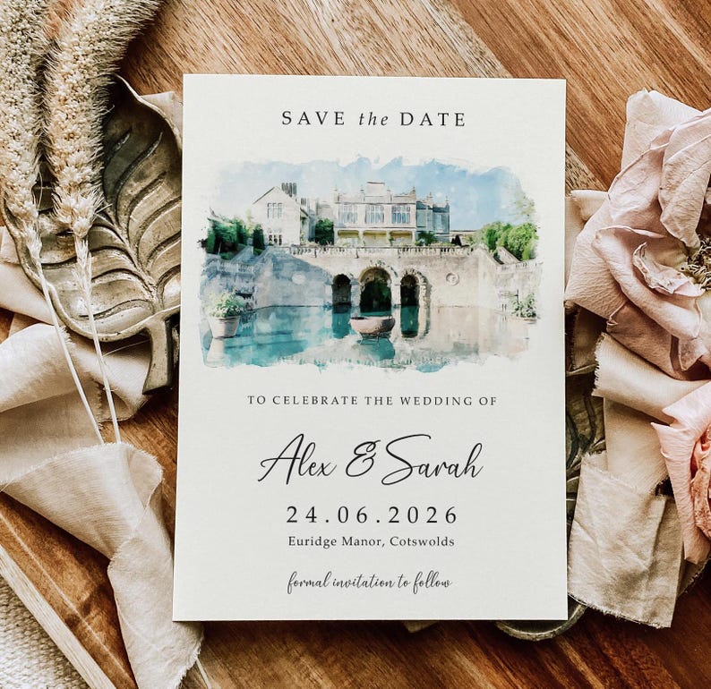 DIGITAL Venue Save the Date Card, E-Invite Watercolour Wedding Save the Dates, Sketch Illustration Painting Drawing