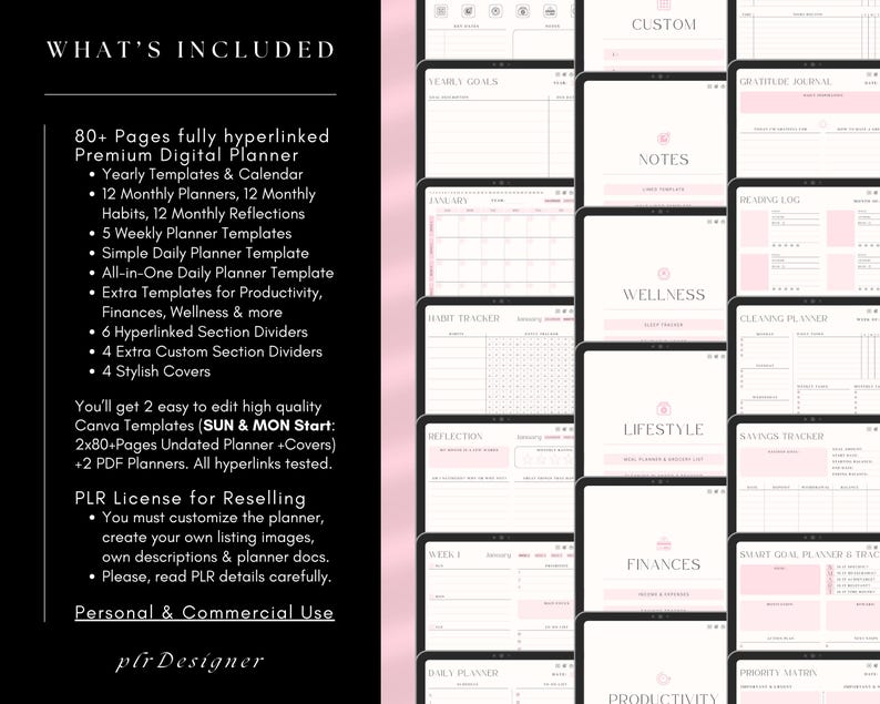 PLR Undated Digital Planner, Hyperlinked. Premium Design, Aesthetic Pink Pastels PLR Canva Template Resell Planner with Private Label Rights