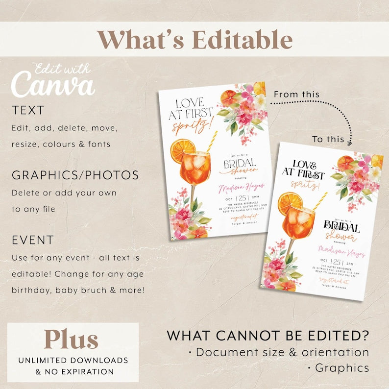 Love at First Spritz Bridal Shower Invitation, Aperol Spritz Bridal Shower Invite, Citrus Bridal Brunch, Orange Bridal Shower Bright Florals