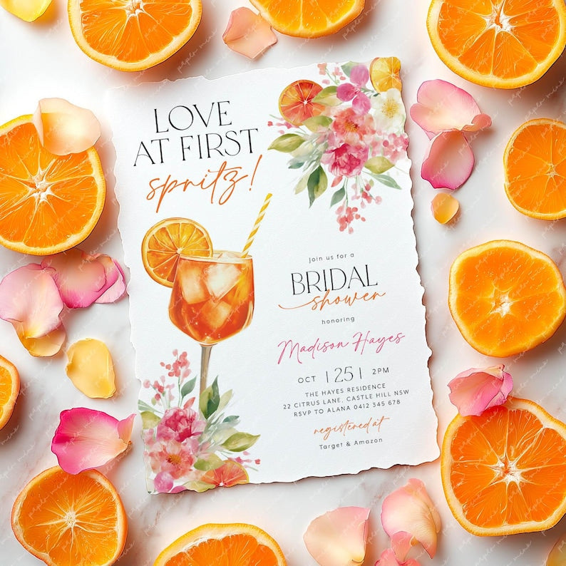 Love at First Spritz Bridal Shower Invitation, Aperol Spritz Bridal Shower Invite, Citrus Bridal Brunch, Orange Bridal Shower Bright Florals
