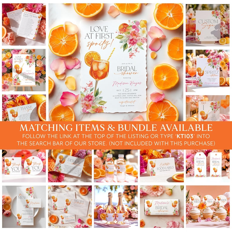 Love at First Spritz Bridal Shower Invitation, Aperol Spritz Bridal Shower Invite, Citrus Bridal Brunch, Orange Bridal Shower Bright Florals