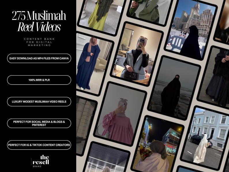 275 Muslimah Modest Lux Reels Video Bundle | Editable Canva Template | PLR + MRR | Aesthetic Hijabi Content Kit