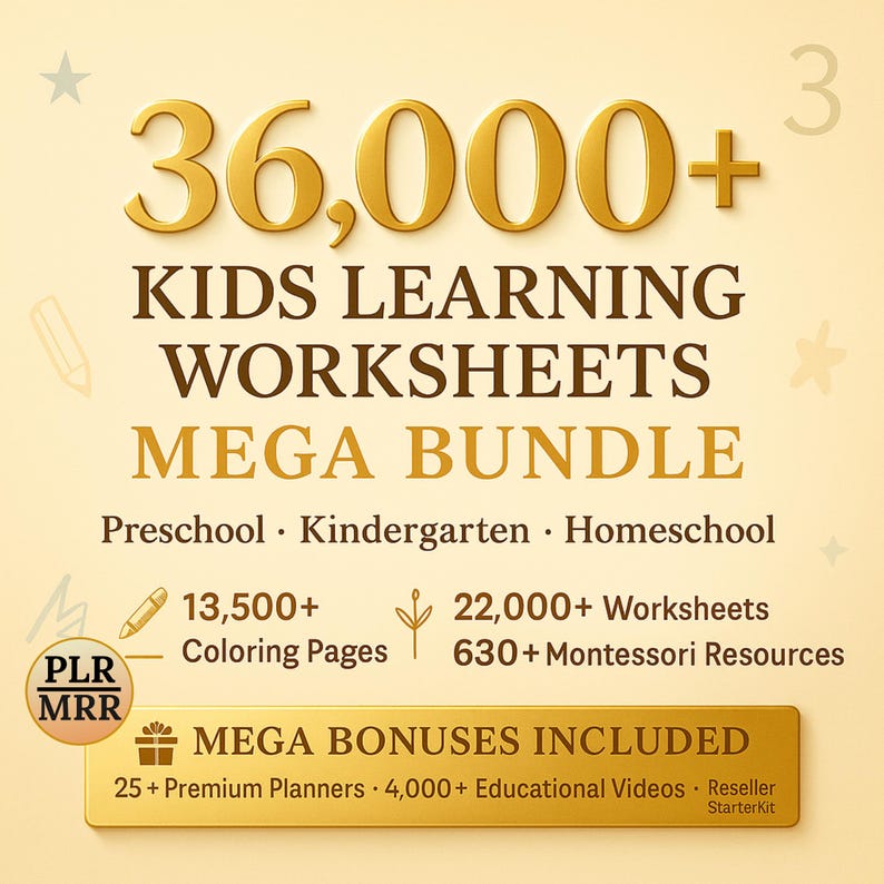 36,000+ Kids Learning Worksheets Plr Mrr Homeschool Mega Bundle
