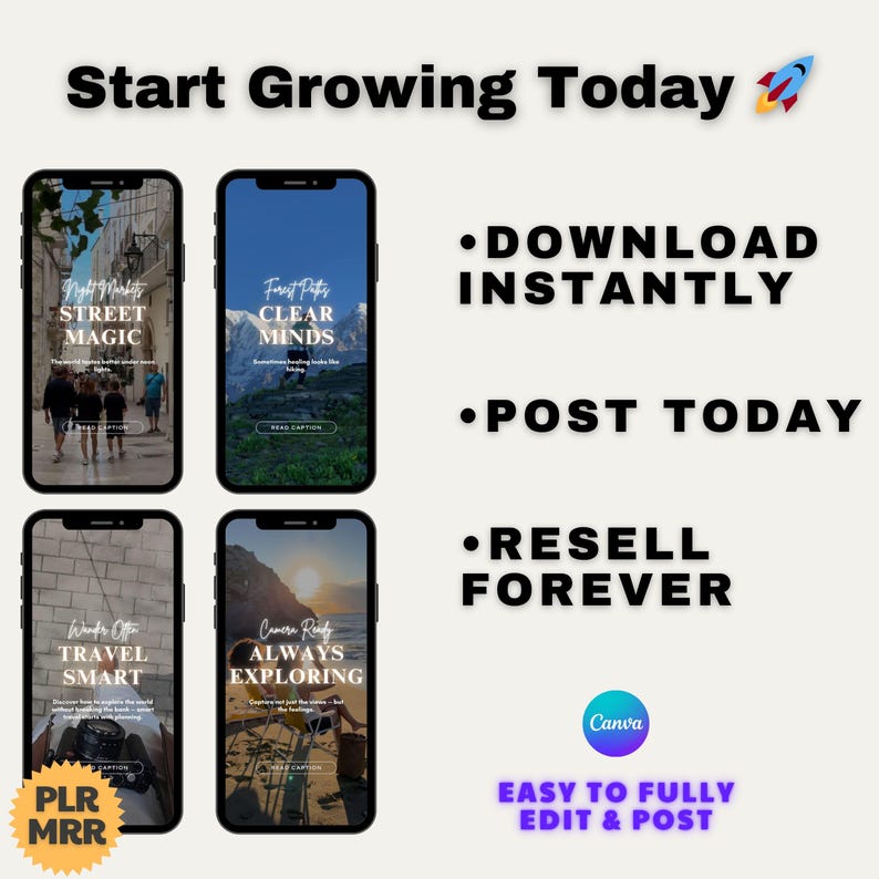 Inspirational Travel Instagram Reels: 70 Canva Templates with Captions (PLR MRR)