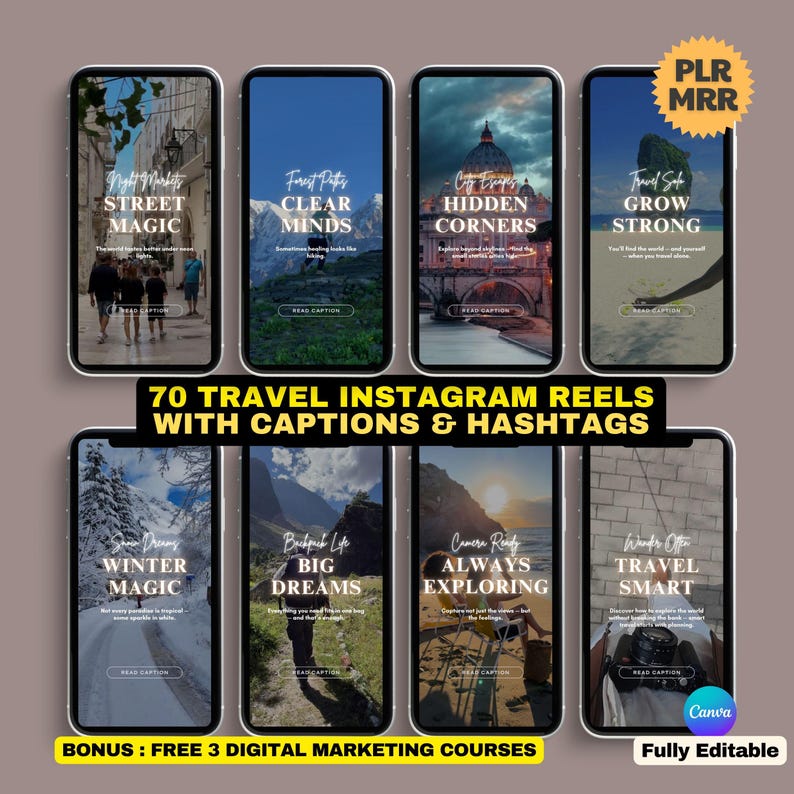 Inspirational Travel Instagram Reels: 70 Canva Templates with Captions (PLR MRR)