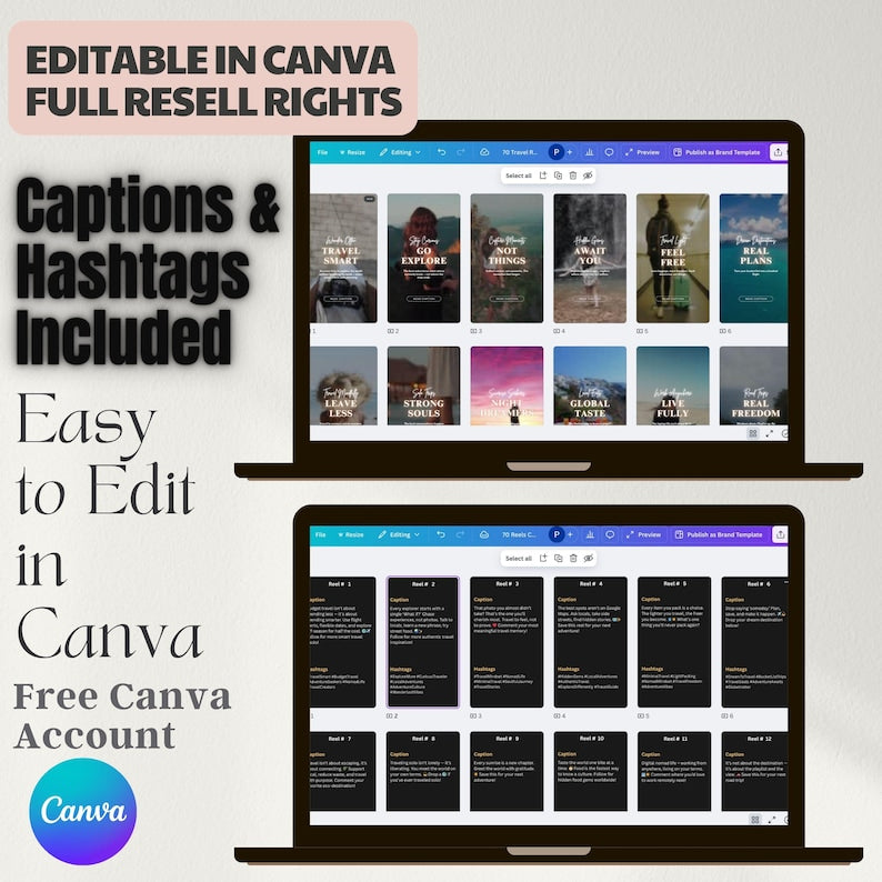 Inspirational Travel Instagram Reels: 70 Canva Templates with Captions (PLR MRR)
