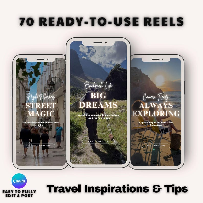 Inspirational Travel Instagram Reels: 70 Canva Templates with Captions (PLR MRR)
