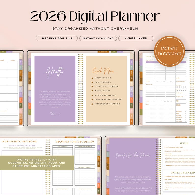 2026 Digital Planner | ADHD-Friendly Hyperlinked GoodNotes Planner | Goal, Budget, Health & Home Organizer | Undated Life Plan