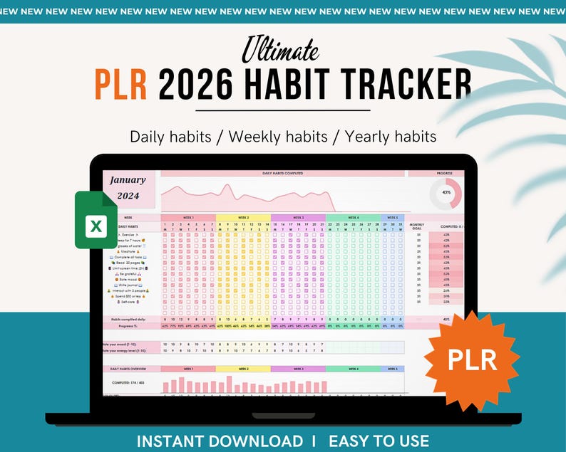 PLR 2026 Habit Tracker Google Sheet: Resell Rights, Floral Design (Digital Download)