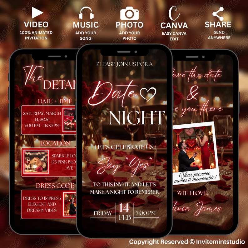 Animated Date Night Invitation, Romantic Dinner Text Invite, Instant Digital Download for Customizable Date Night Celebration, Canva Design