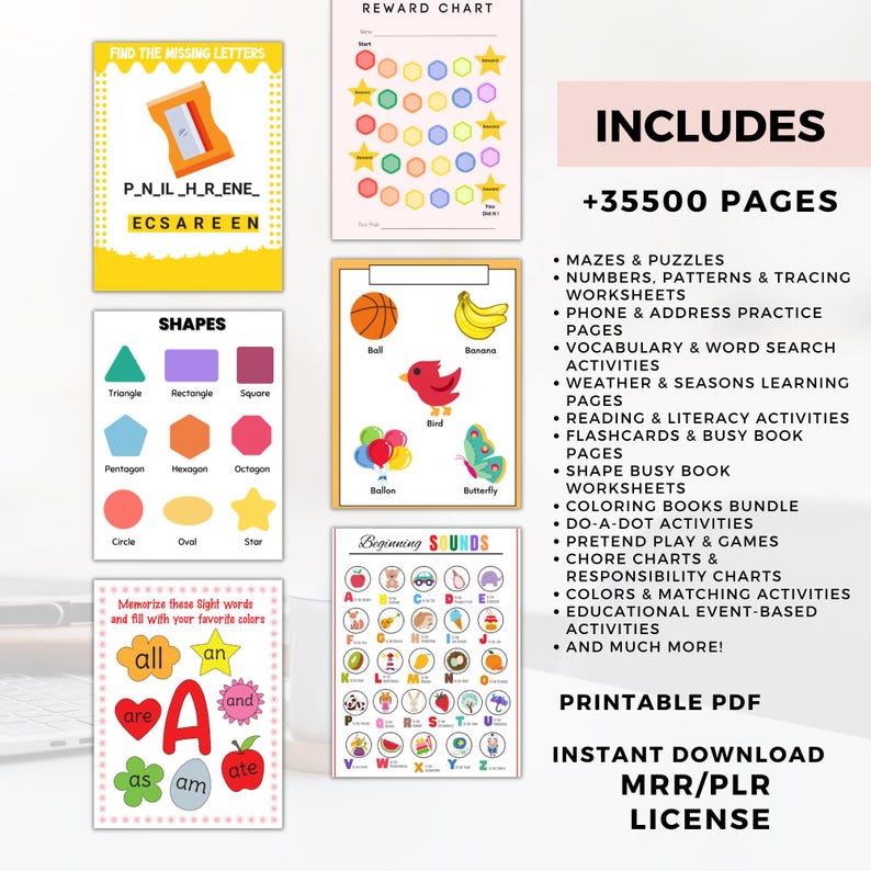 35500 Educational Kids Resources Bundle PLR MRR resell right, Kids Learning Bundle printable pages, coloring book, worksheets, games, number