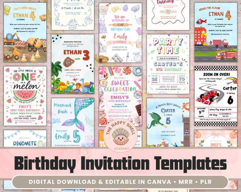 Digital Birthday Invitations Bundle | PLR & MRR Digital Product | 35 Canva Templates for Print on Demand and Digital Marketing