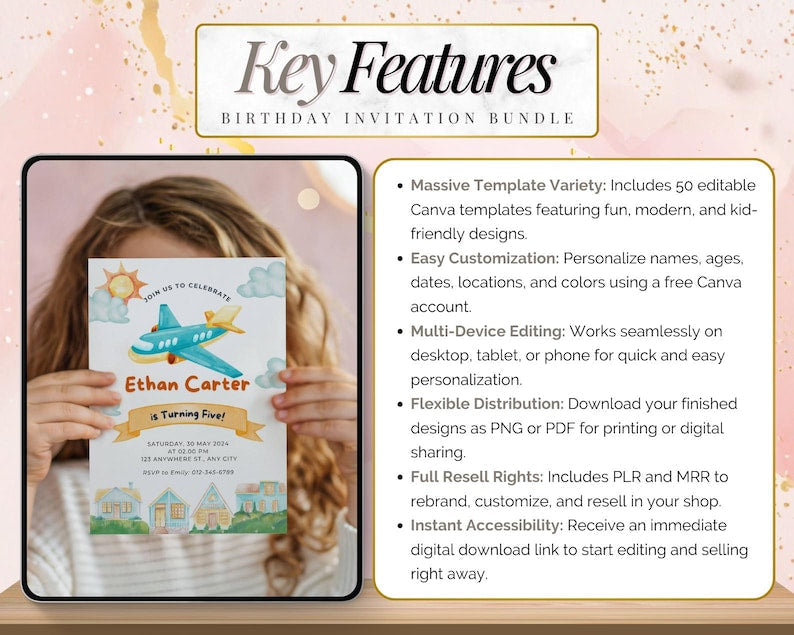 Digital Birthday Invitations Bundle | PLR & MRR Digital Product | 35 Canva Templates for Print on Demand and Digital Marketing