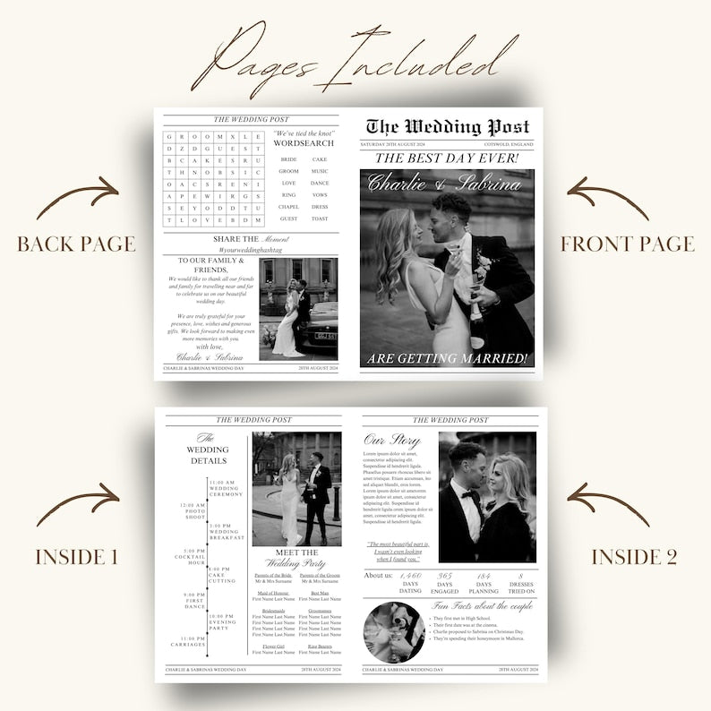 Folded Printable Wedding Newspaper Program Canva Template, Newlywed Times Newspaper Wedding Program, Infographic Ceremony Newspaper Schedule
