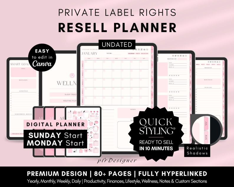 PLR Undated Digital Planner, Hyperlinked. Premium Design, Aesthetic Pink Pastels PLR Canva Template Resell Planner with Private Label Rights